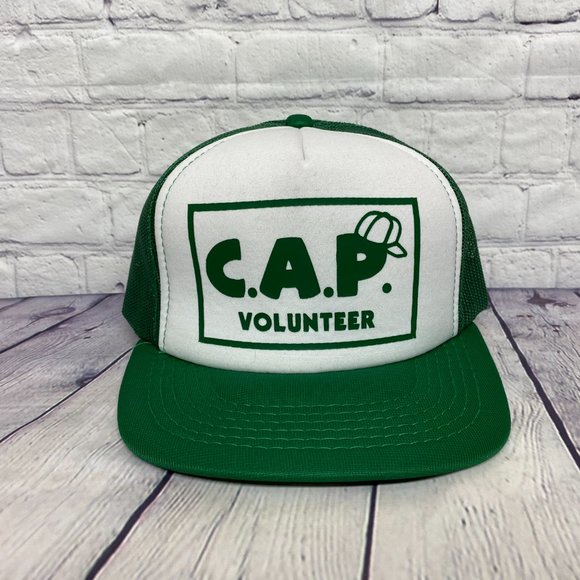 Vintage Hat Cap Snapback Green White C.A.P. Volunteer Trucker Mesh Print AJM 90s - Picture 5 of 8